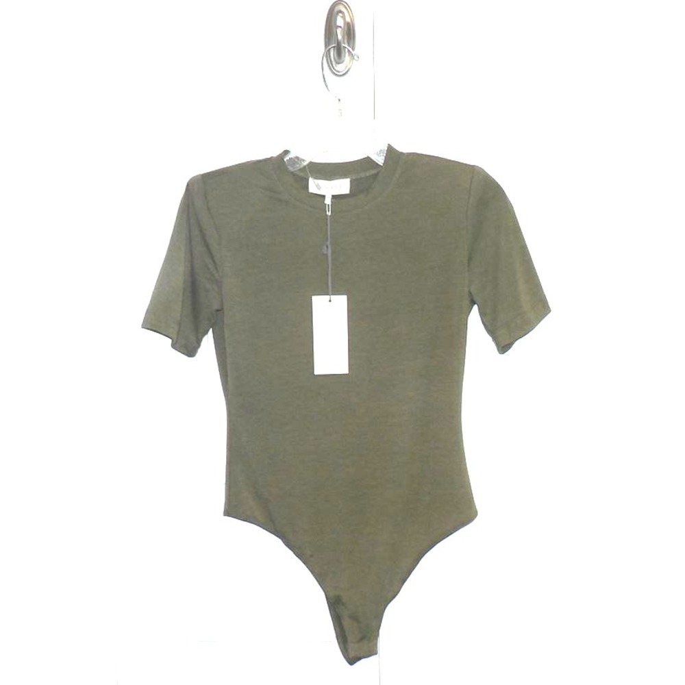 WAYF Women's Skye Padded Shoulder Short Sleeve Bodysuit Olive Green Top Size XS
